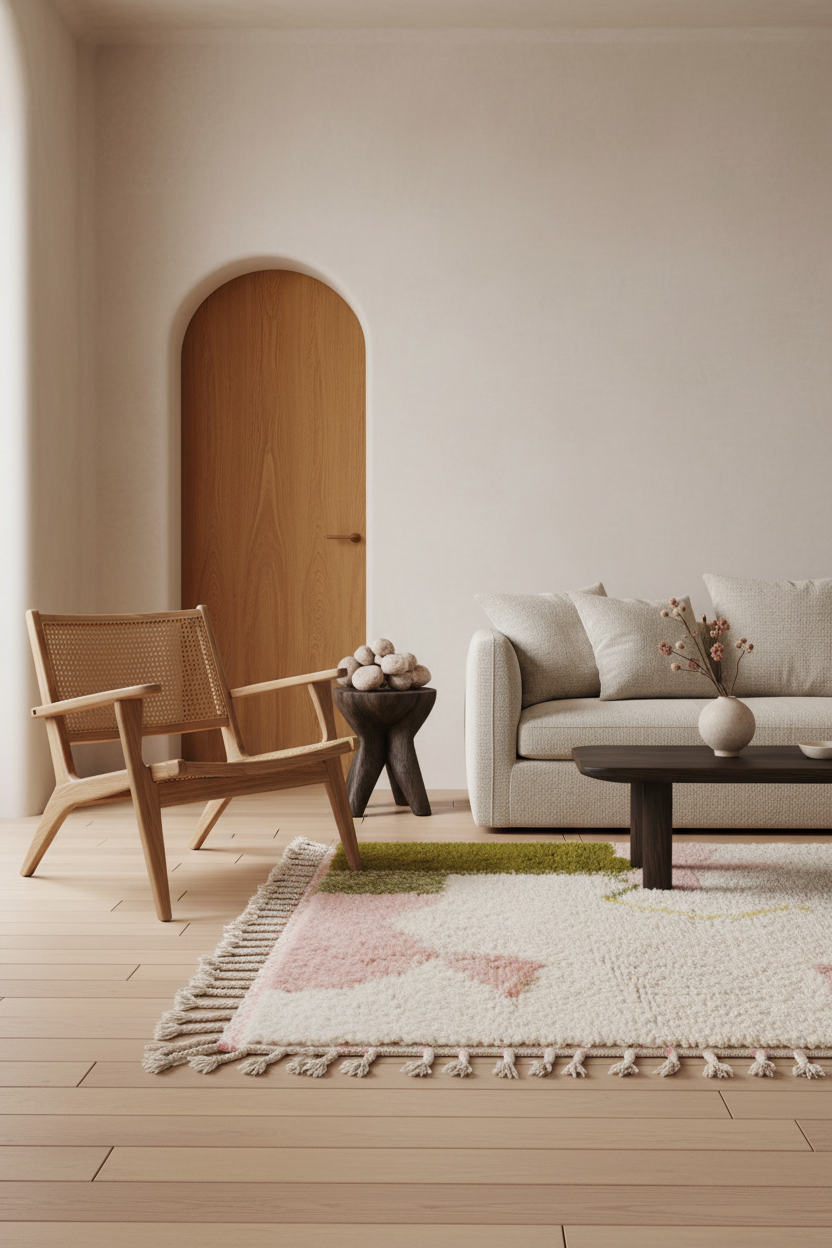 A styled living room interior featuring a cream-colored sofa, a light wood armchair, a low black coffee table, and a textured cream rug with pink and green accents. The room has light wood floors, a beige wall, and a wooden door with an arched frame in the background.