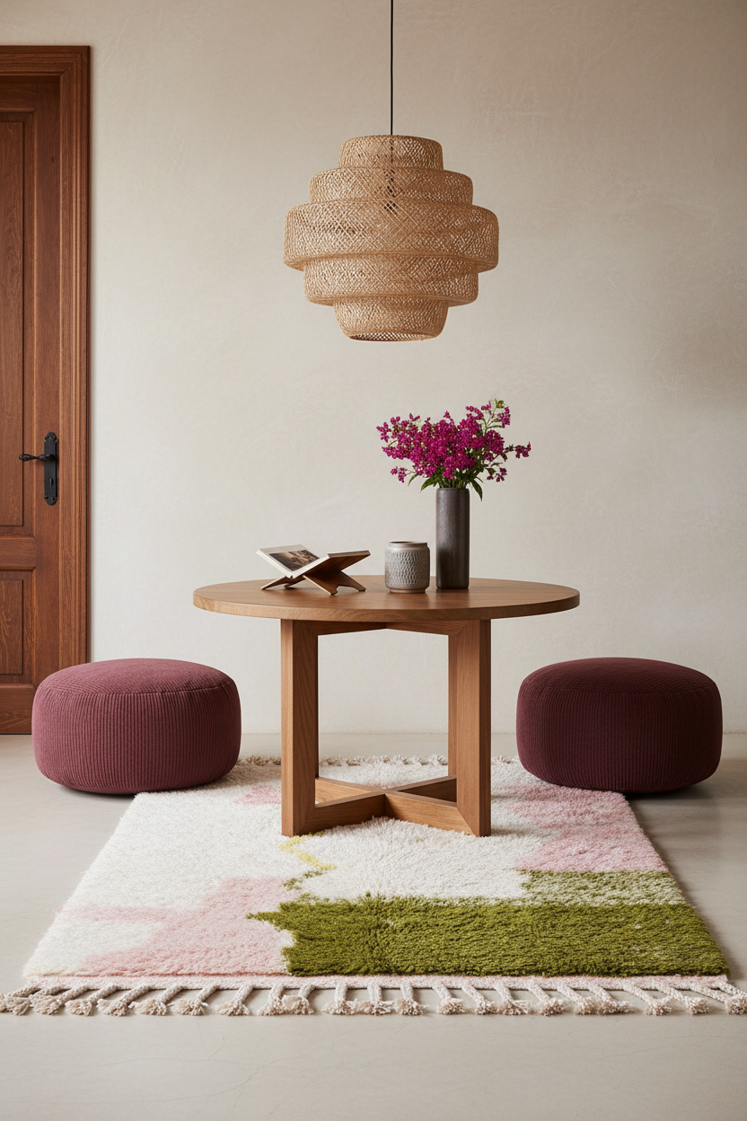 A round wooden coffee table in a warm, neutral-toned room, styled with a dark gray vase of pink flowers, two round burgundy poufs, and a multicolor shag rug. A woven wicker pendant light hangs above.