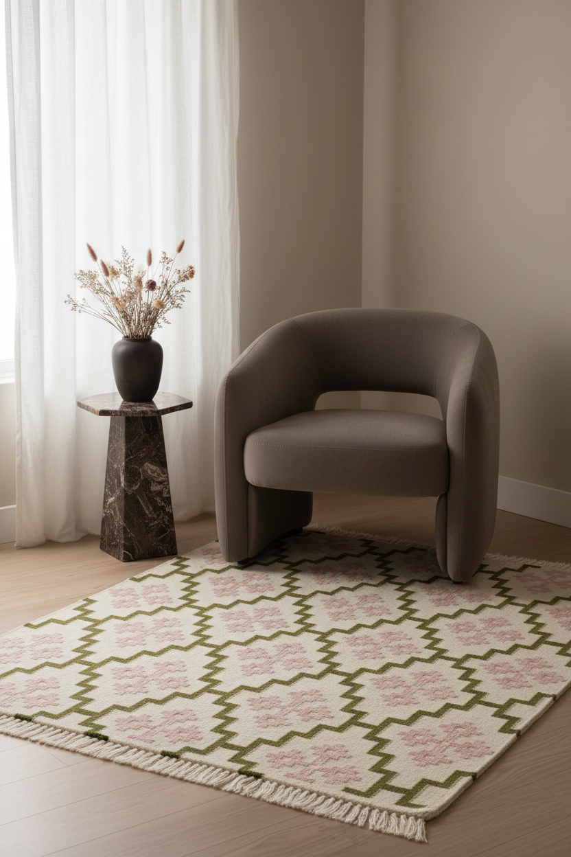 A modern upholstered accent chair in taupe sits on a cream area rug with a green geometric trellis pattern and fringe, in a softly lit room with sheer curtains, a small marble side table, and a vase of dried grasses.