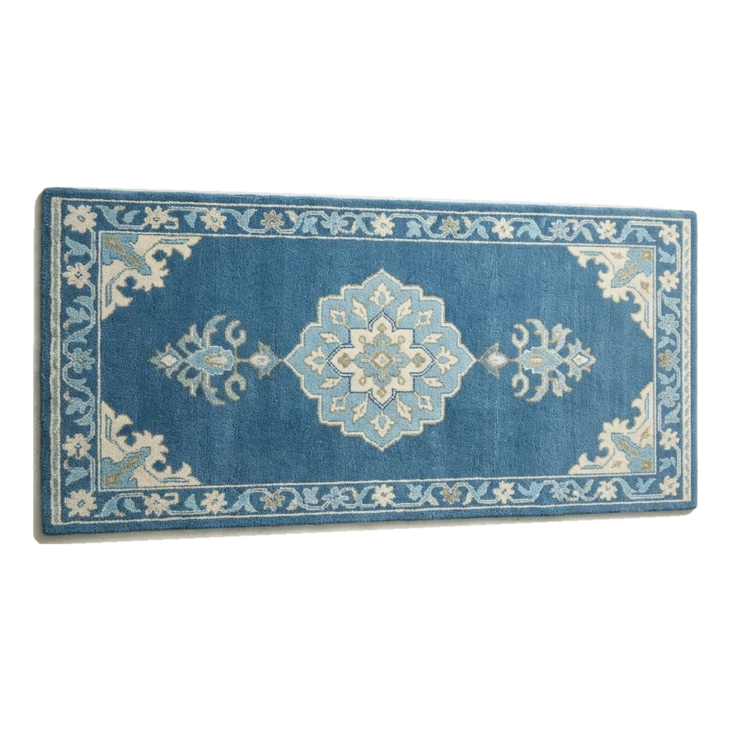 Denim Blue Medallion Hand-Tufted Runner with Floral Vine Border - alternate view
