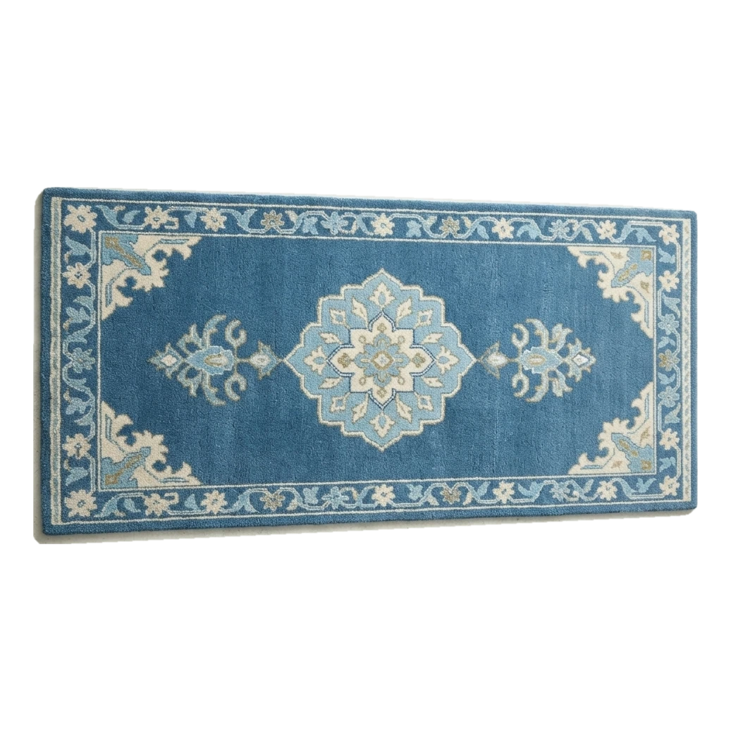 Denim Blue Medallion Hand-Tufted Runner with Floral Vine Border - alternate view