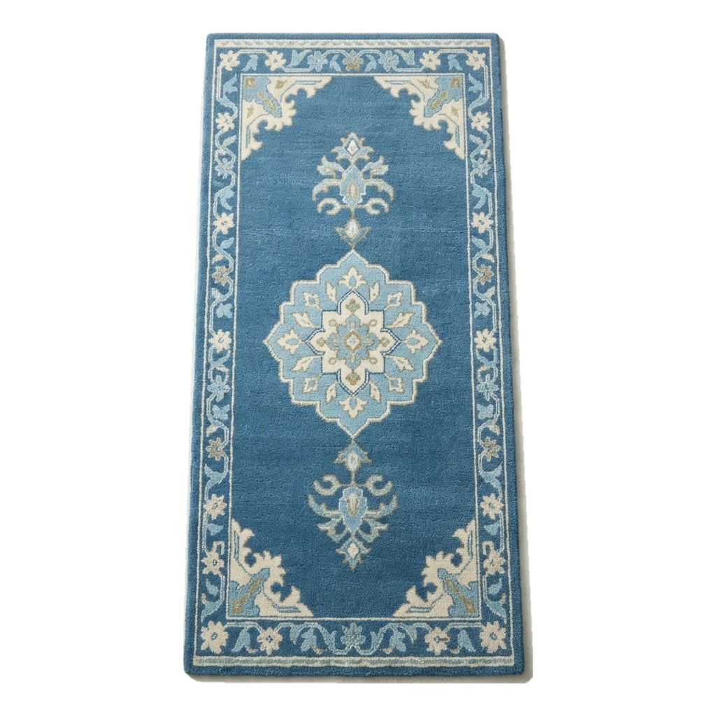 Denim Blue Medallion Hand-Tufted Runner with Floral Vine Border