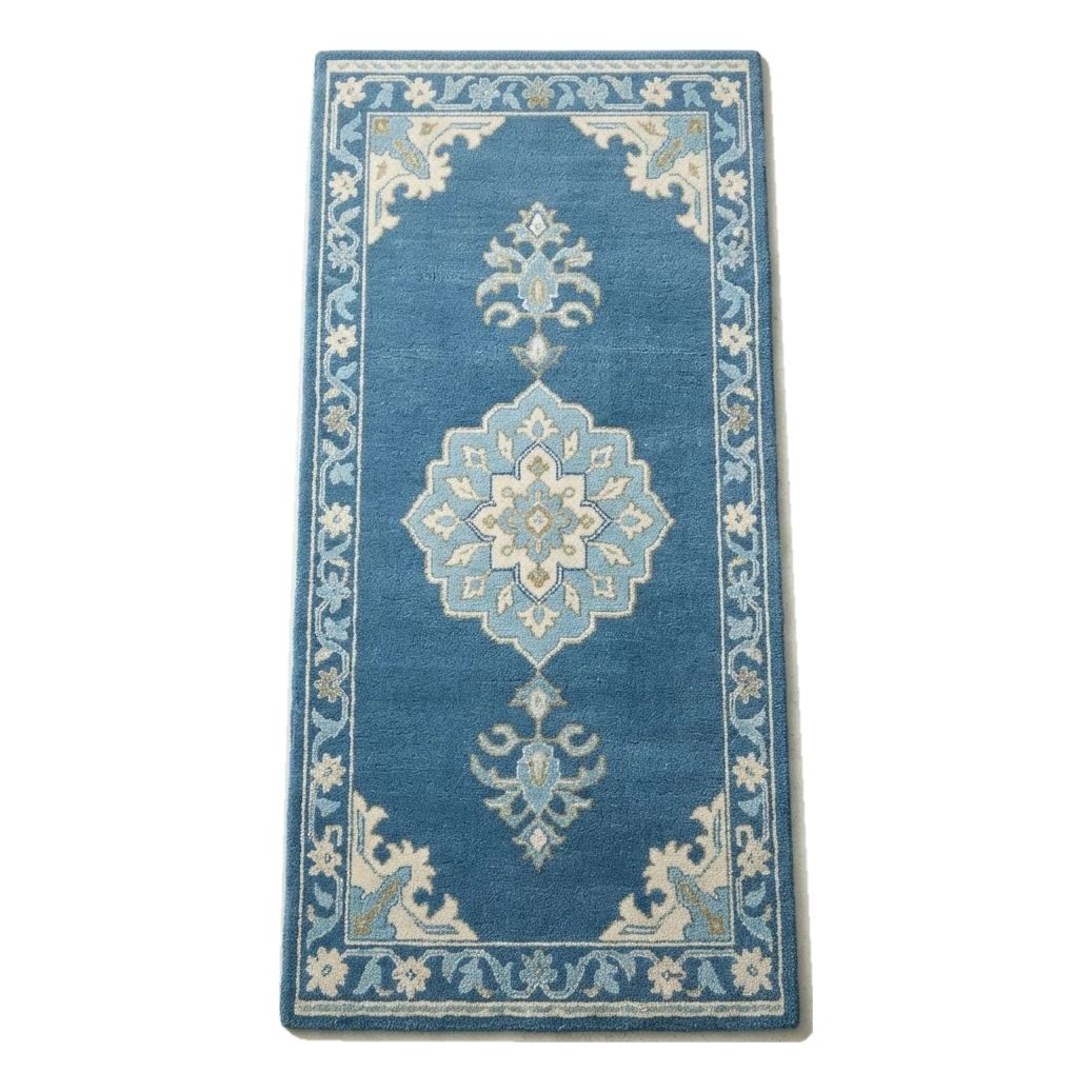 Denim Blue Medallion Hand-Tufted Runner with Floral Vine Border