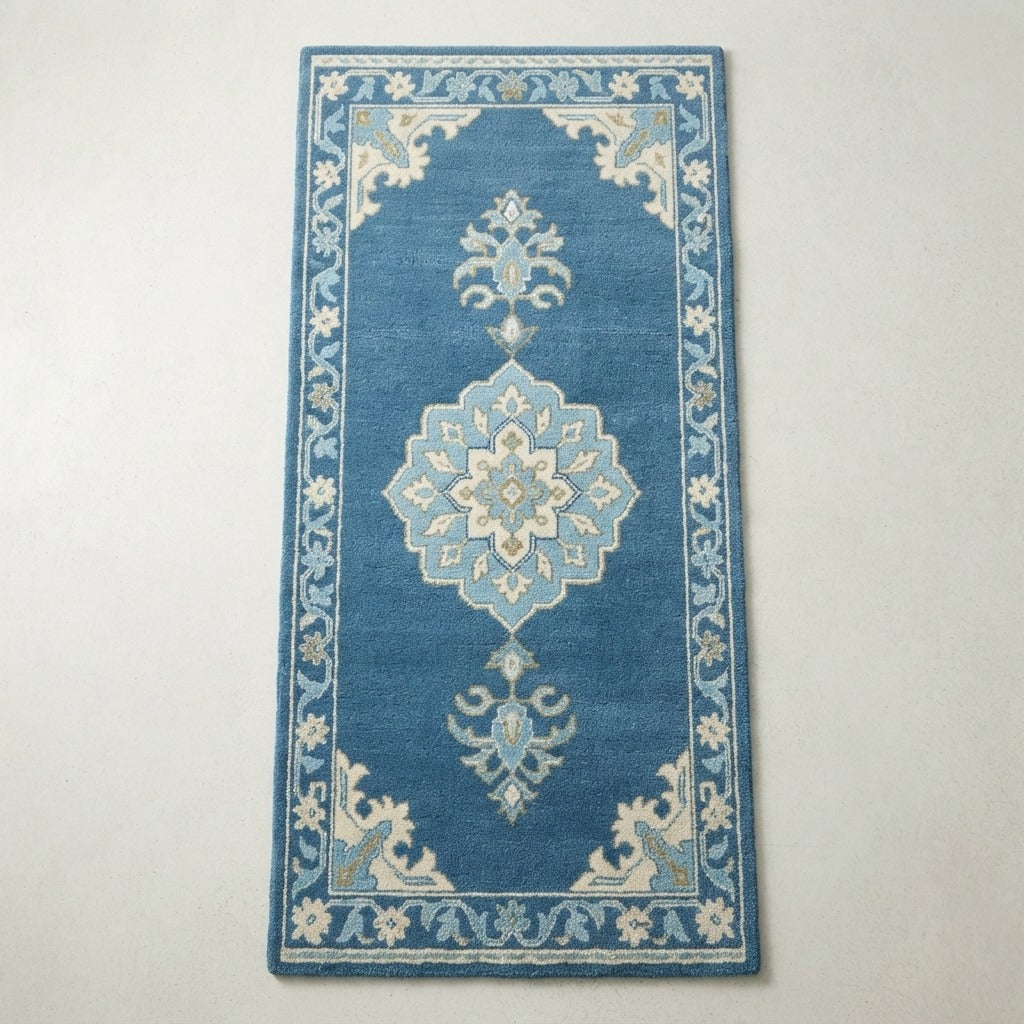 Denim Blue Medallion Hand-Tufted Runner with Floral Vine Border - studio photo