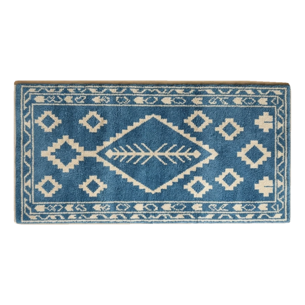 Denim Blue Tribal Diamond Hand-Tufted Runner with Ivory Kilim Motifs - alternate view