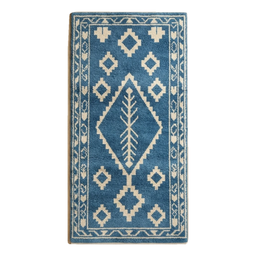 Denim Blue Tribal Diamond Hand-Tufted Runner with Ivory Kilim Motifs