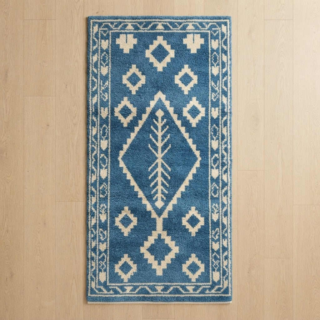 Denim Blue Tribal Diamond Hand-Tufted Runner with Ivory Kilim Motifs - studio photo
