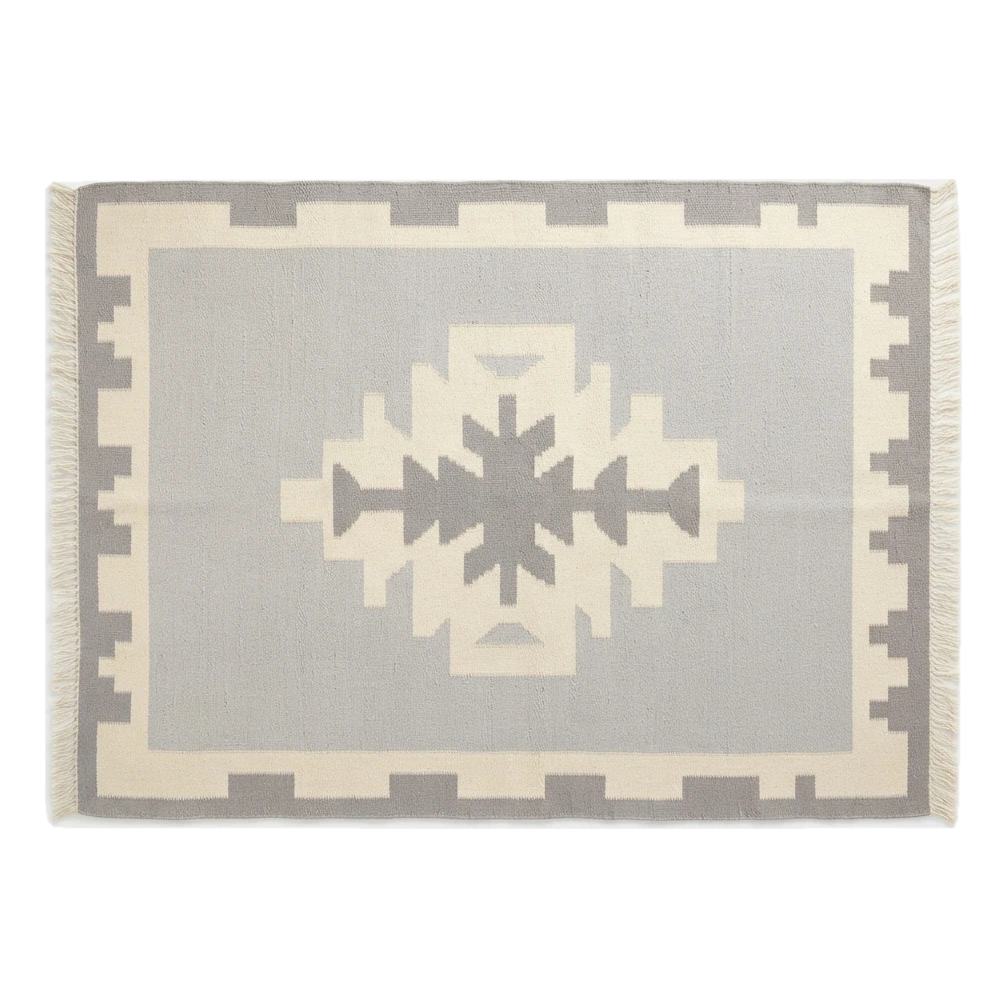 Dove Grey Cotton Flat Weave Rug with Ivory Tribal Medallion - alternate view