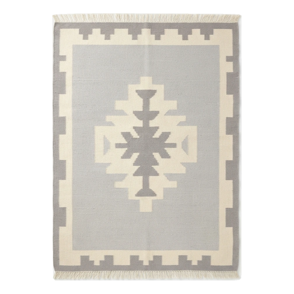 Dove Grey Cotton Flat Weave Rug with Ivory Tribal Medallion