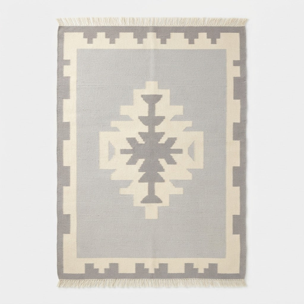 Dove Grey Cotton Flat Weave Rug with Ivory Tribal Medallion - studio photo