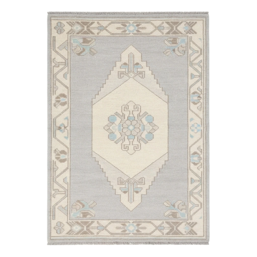 Dove Grey Hand-Knotted Rug with Ivory Medallion and Floral Border - alternate view