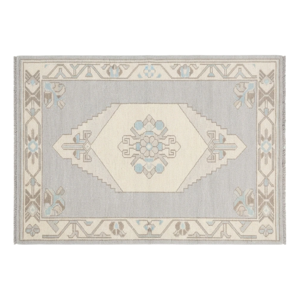 Dove Grey Hand-Knotted Rug with Ivory Medallion and Floral Border