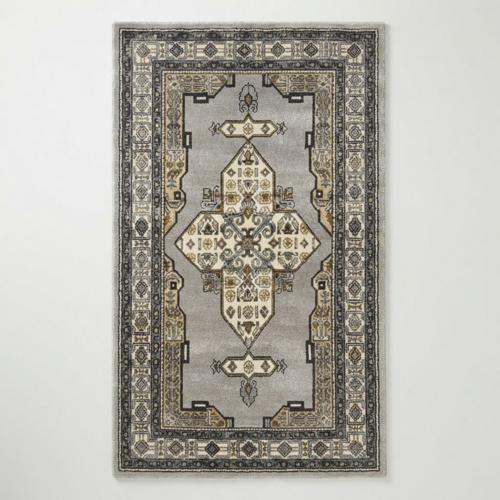 Dove Grey Persian Medallion Hand-Tufted Runner with Charcoal Border - studio photo