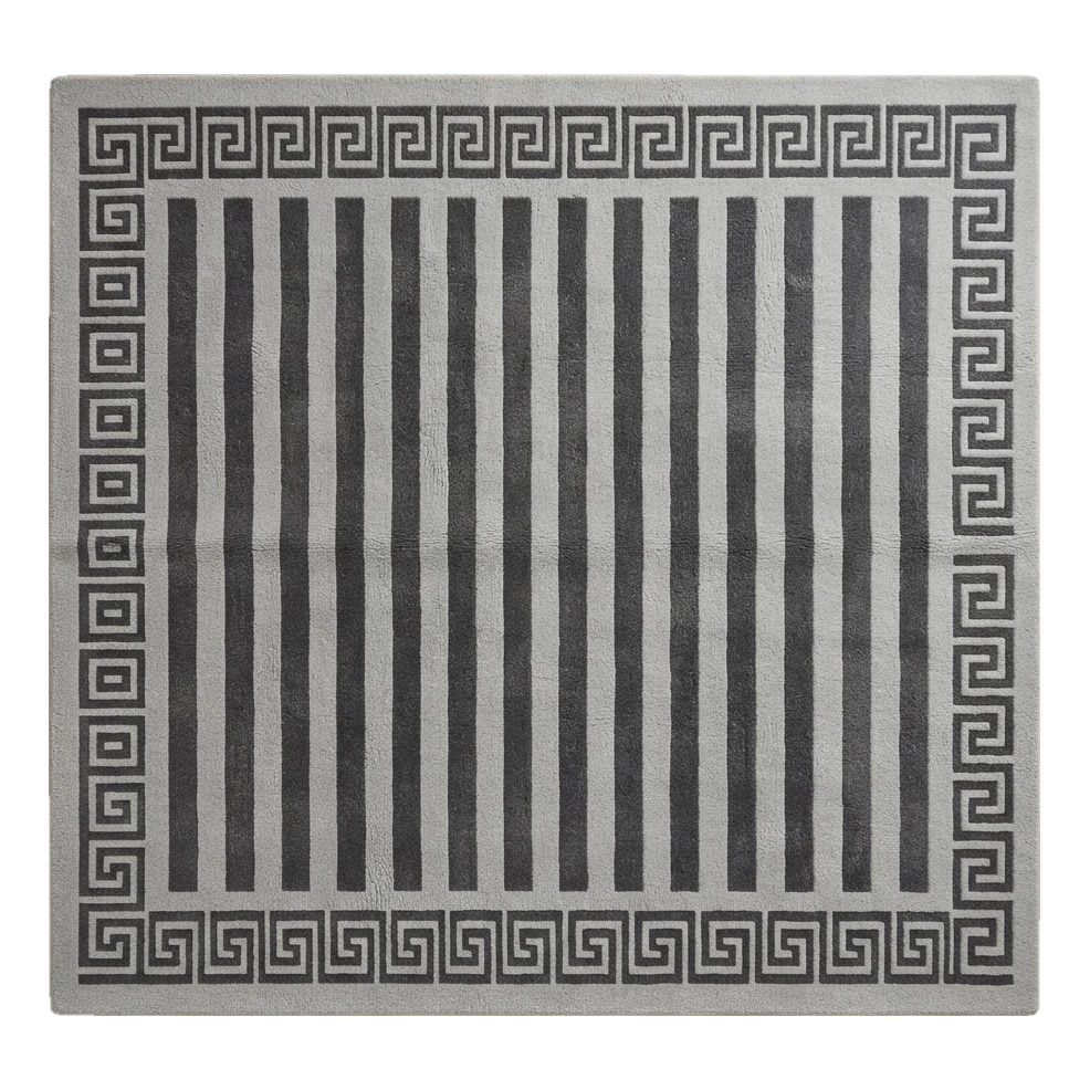 Dove Grey and Charcoal Striped Hand-Tufted Rug with Greek Key Border - alternate view