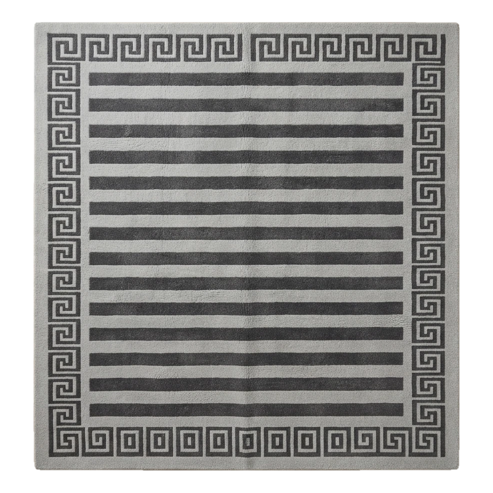 Dove Grey and Charcoal Striped Hand-Tufted Rug with Greek Key Border
