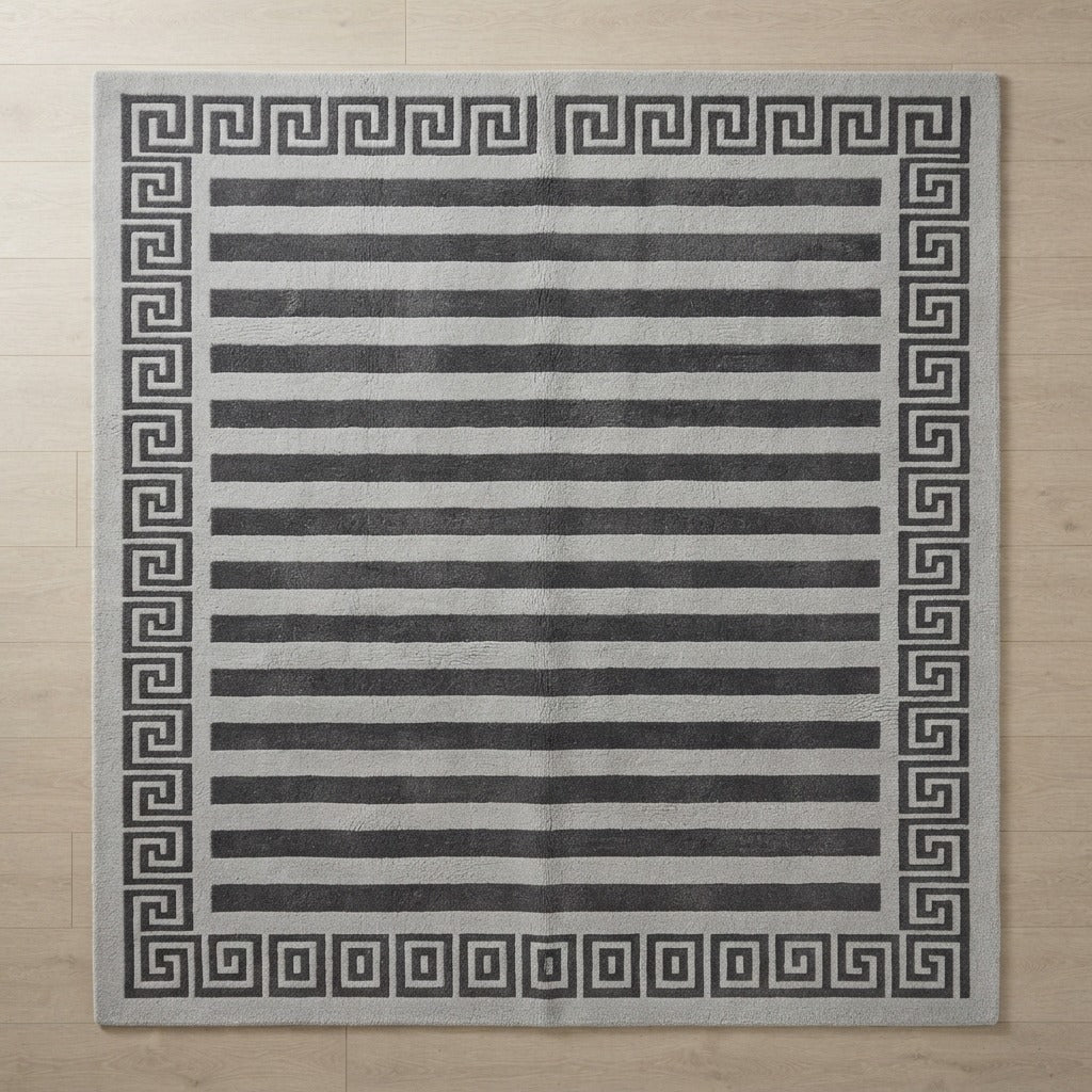 Dove Grey and Charcoal Striped Hand-Tufted Rug with Greek Key Border - studio photo