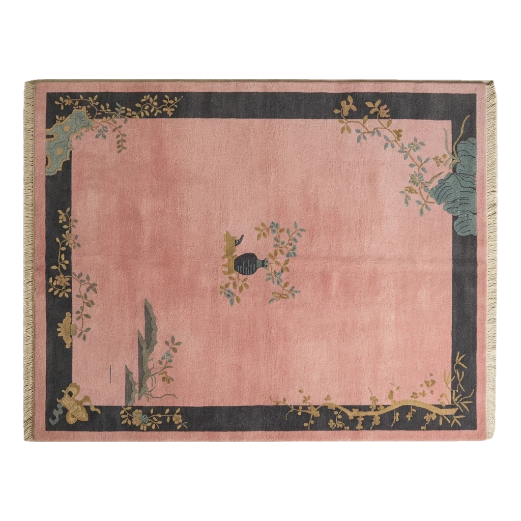 Dusty Rose Chinese Art Deco Hand-Knotted Rug with Charcoal Border - alternate view