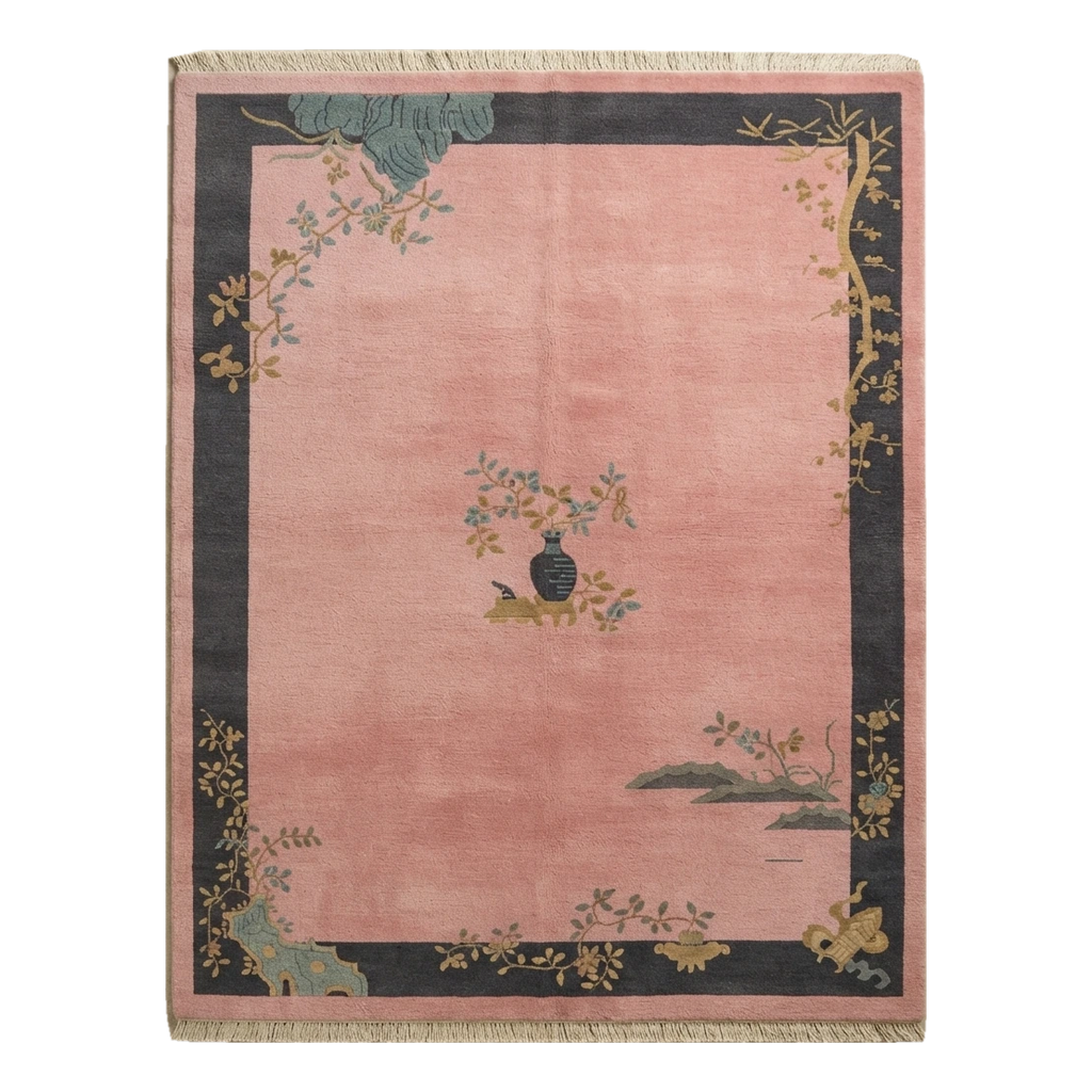 Dusty Rose Chinese Art Deco Hand-Knotted Rug with Charcoal Border
