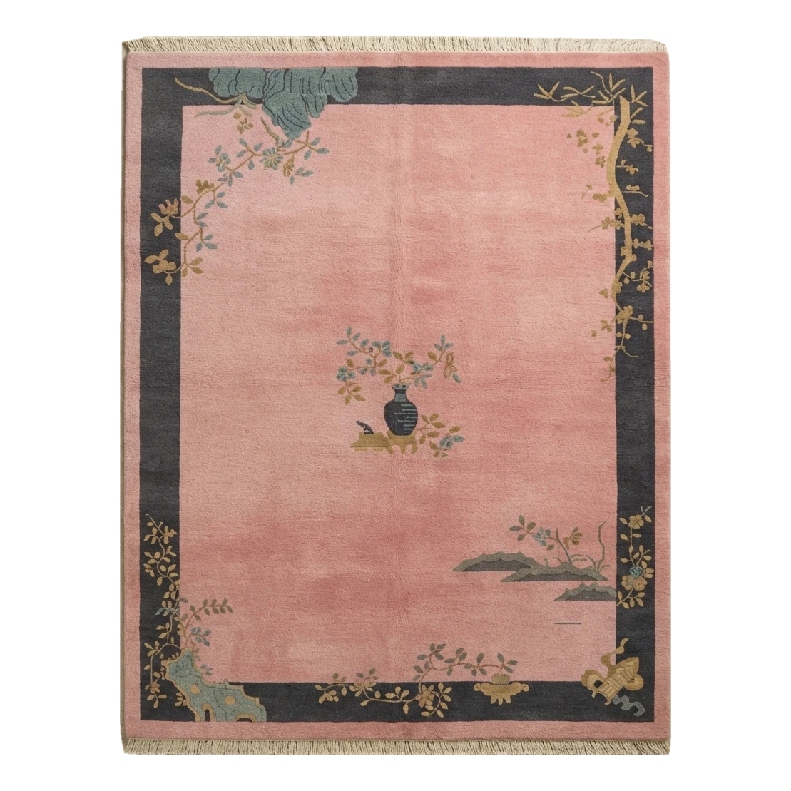 Dusty Rose Chinese Art Deco Hand-Knotted Rug with Charcoal Border