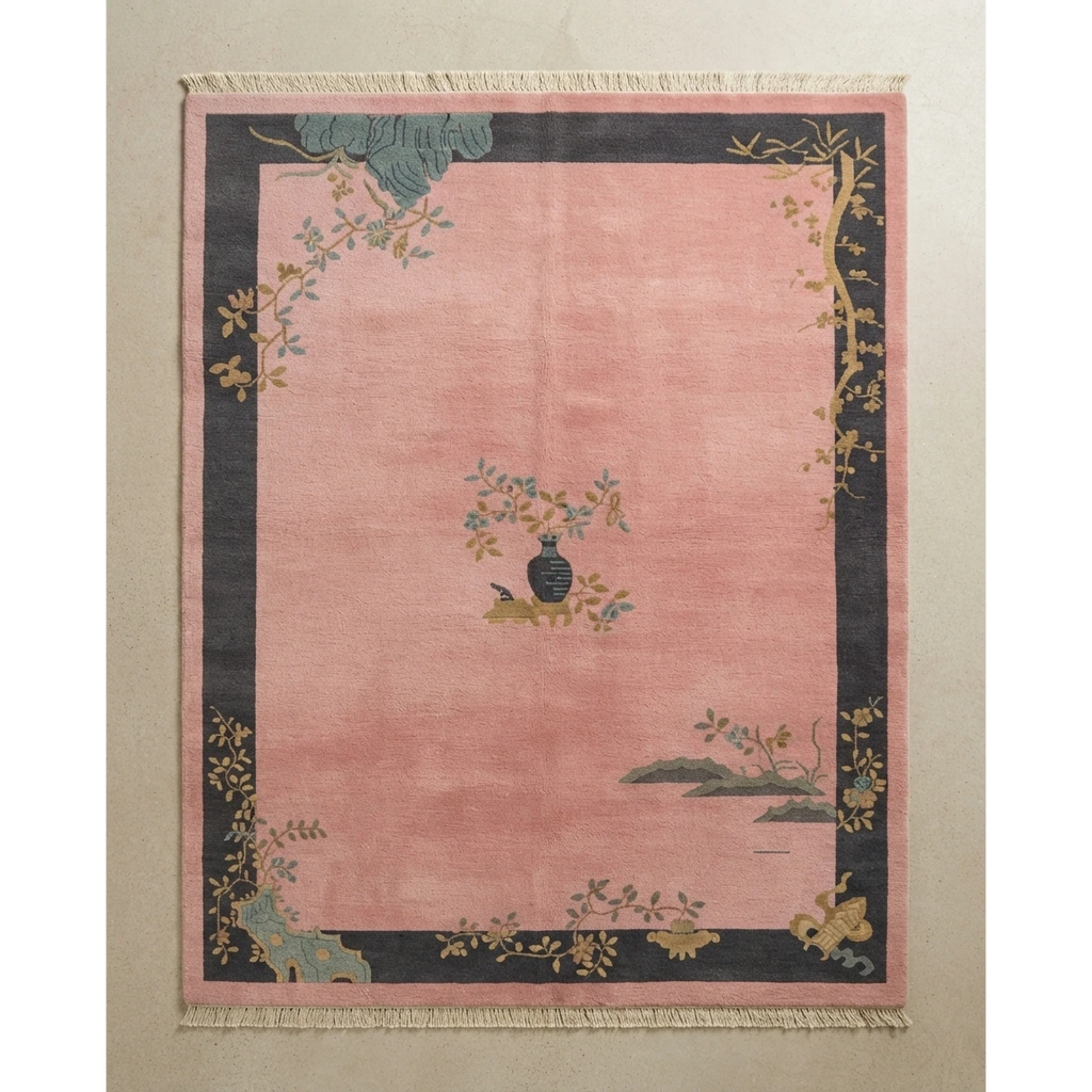Dusty Rose Chinese Art Deco Hand-Knotted Rug with Charcoal Border - studio photo