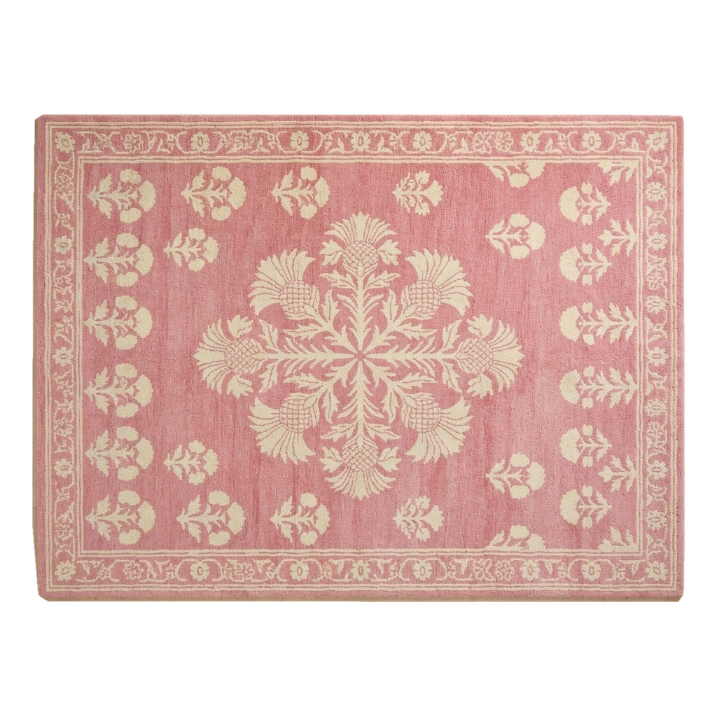 Dusty Rose Floral Medallion Hand-Tufted Rug with Cream Poppy Border - alternate view