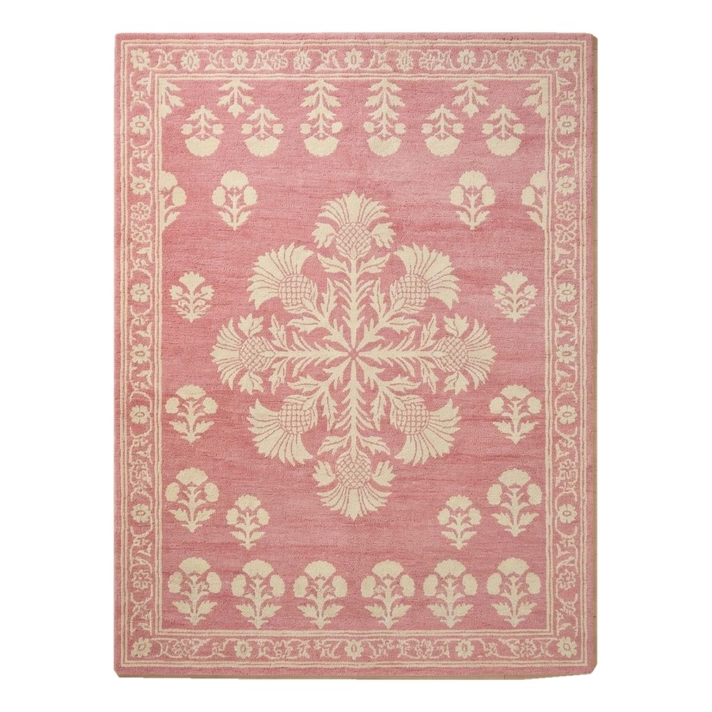 Dusty Rose Floral Medallion Hand-Tufted Rug with Cream Poppy Border