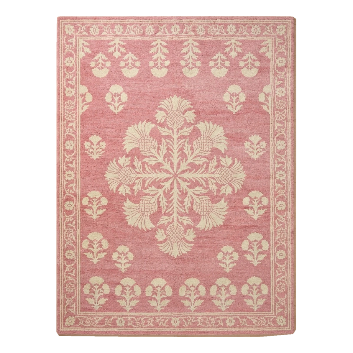 Dusty Rose Floral Medallion Hand-Tufted Rug with Cream Poppy Border