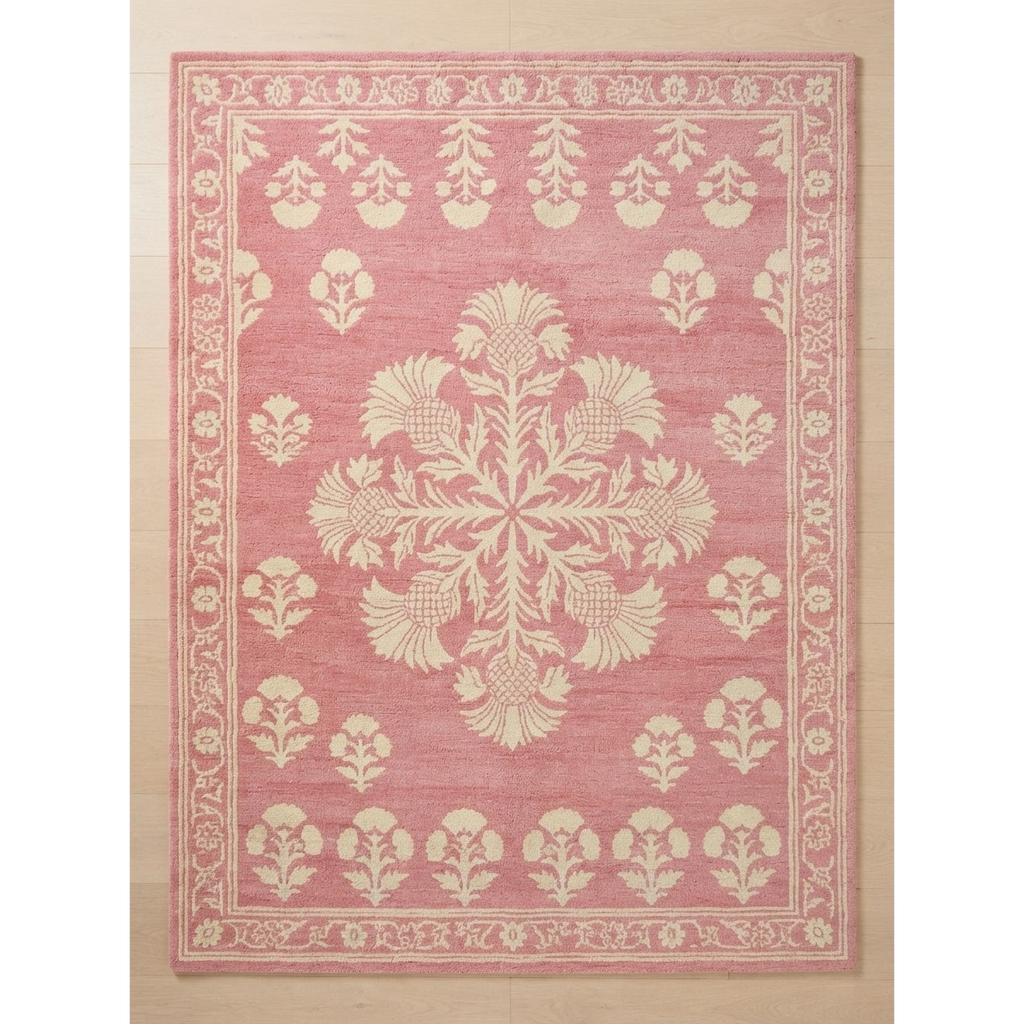 Dusty Rose Floral Medallion Hand-Tufted Rug with Cream Poppy Border - studio photo