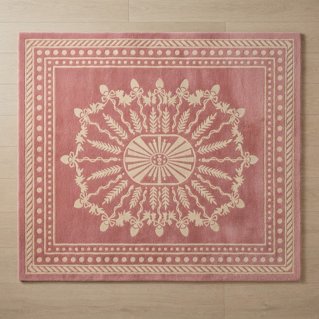 Dusty Rose Hand-Tufted Rug with Cream Sunburst Medallion - studio photo