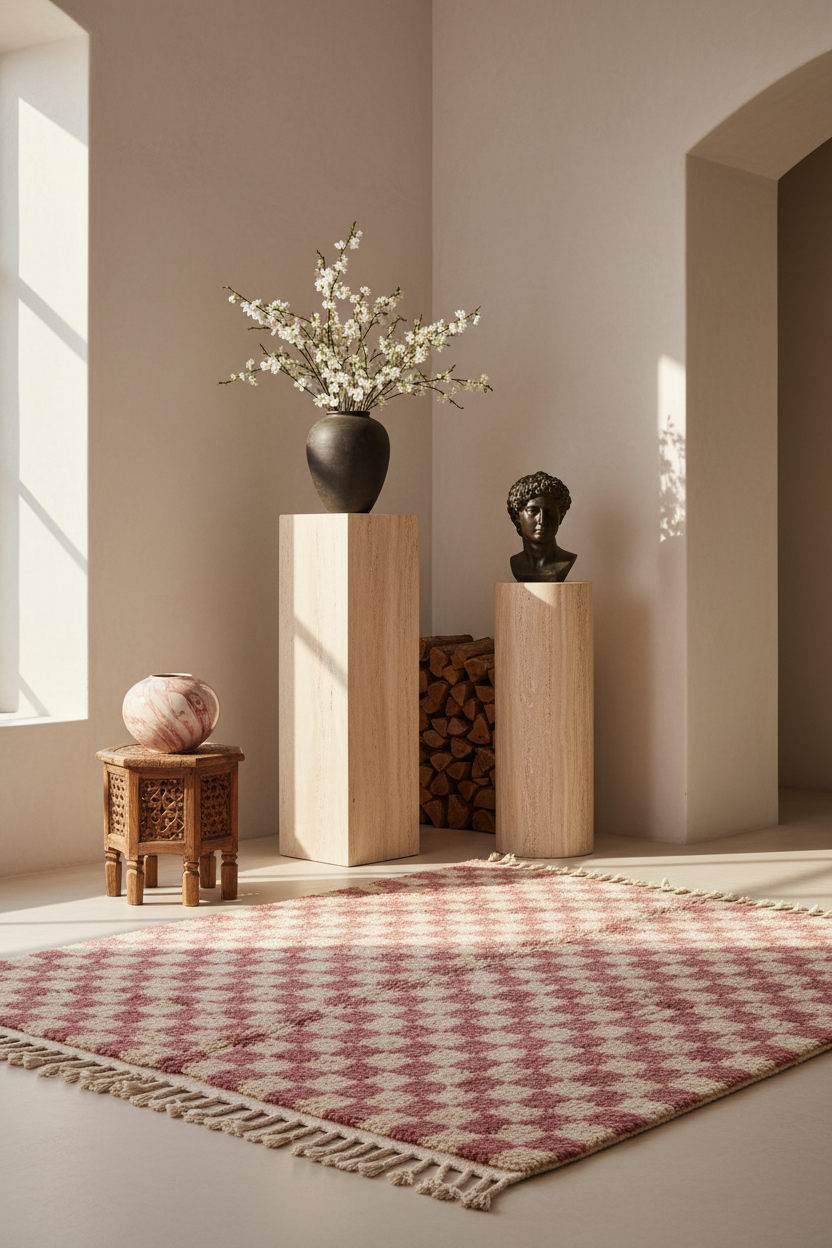 A styled interior scene with a patterned area rug in the foreground, wooden display pedestals, a black vase with white blossoms, a small carved side table with a pink bowl, and a dark sculptural bust against a warm beige wall with sunlight streaming in.
