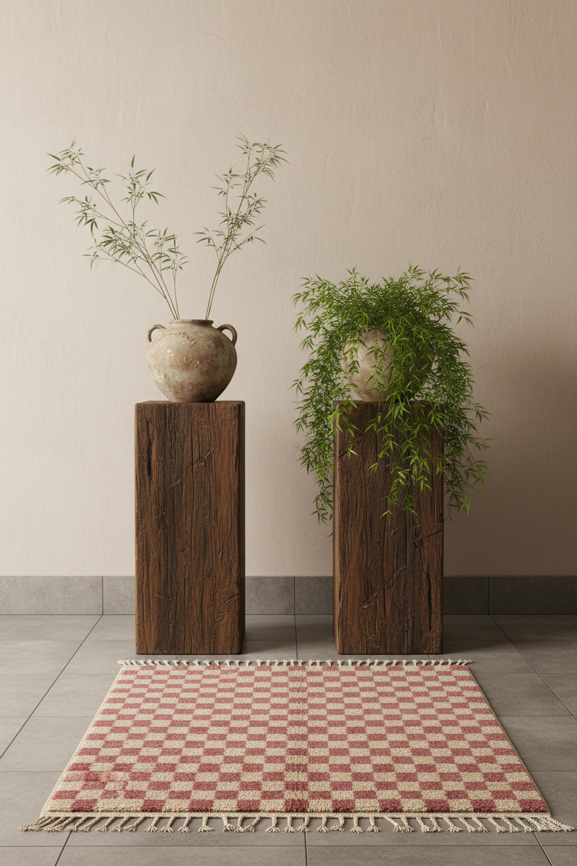 A woven area rug with a pink and beige checkerboard pattern and fringe, styled on a gray tiled floor in front of a beige wall, flanked by two dark wood pedestals holding potted plants.