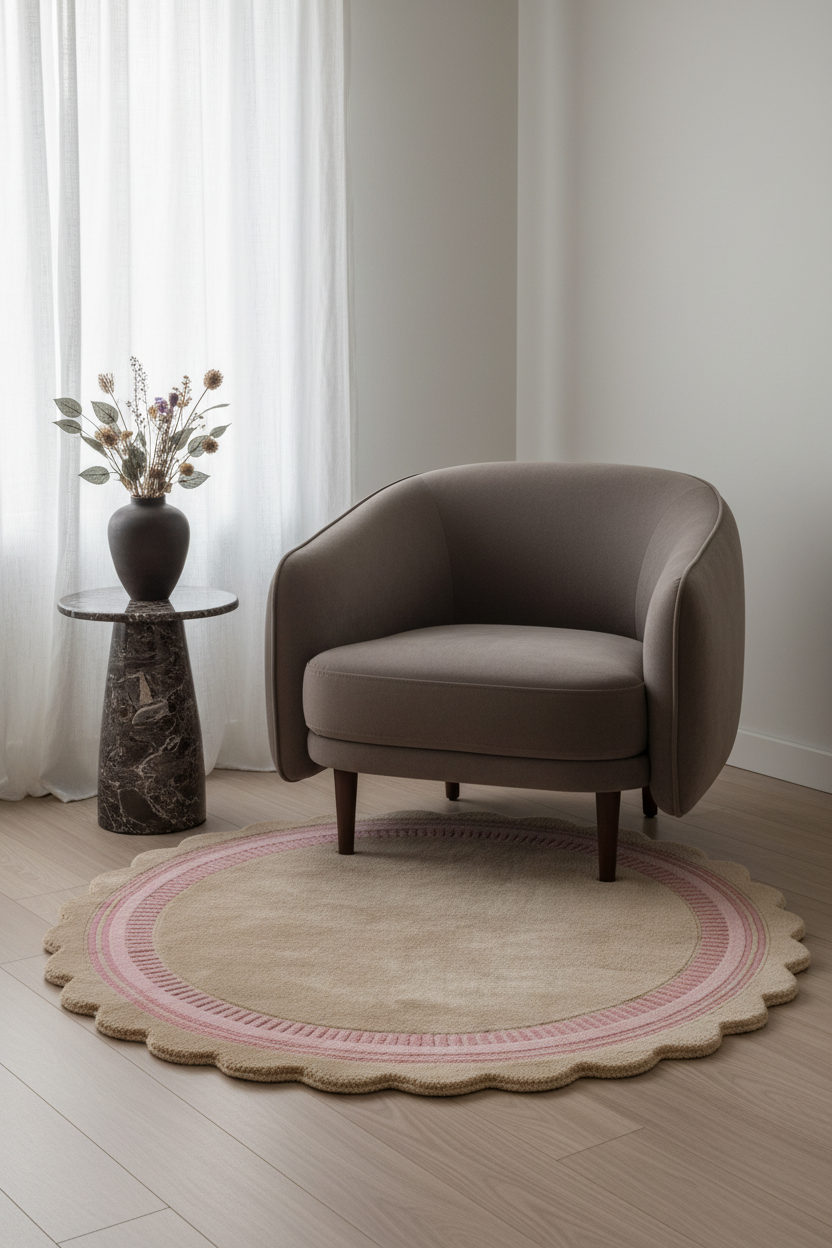 A taupe upholstered accent chair with dark wooden legs sits on a round beige rug with a pink scalloped edge in a bright, modern room. A small marble-topped side table with a dark vase of dried stems stands to the left.