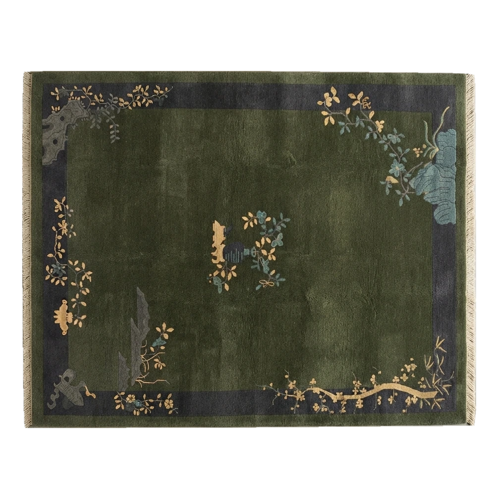 Forest Green Chinese Art Deco Hand-Knotted Rug with Navy Border - alternate view