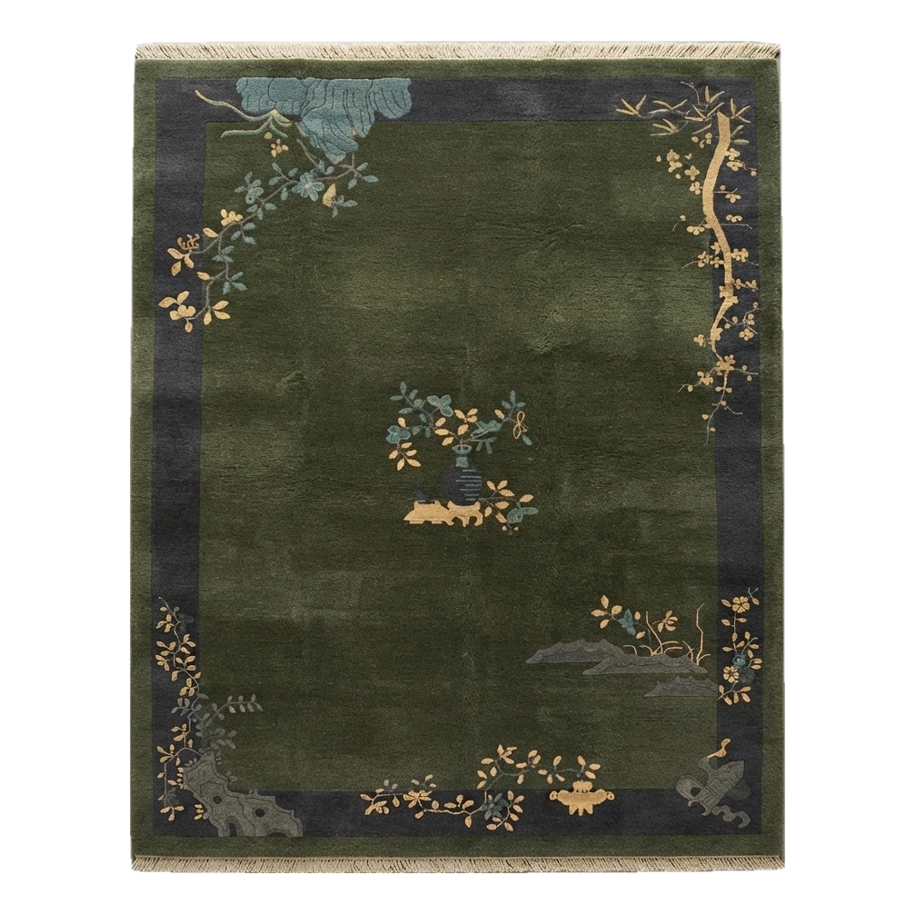 Forest Green Chinese Art Deco Hand-Knotted Rug with Navy Border