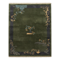 Forest Green Chinese Art Deco Hand-Knotted Rug with Navy Border