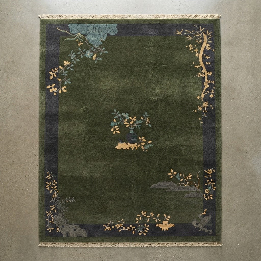 Forest Green Chinese Art Deco Hand-Knotted Rug with Navy Border - studio photo