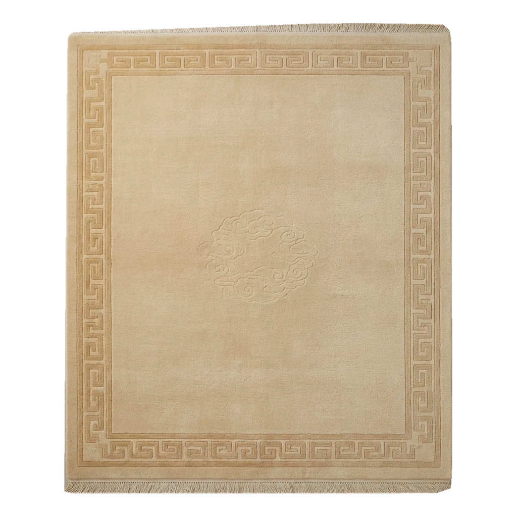 Golden Beige Hand-Knotted Rug with Tonal Greek Key Border