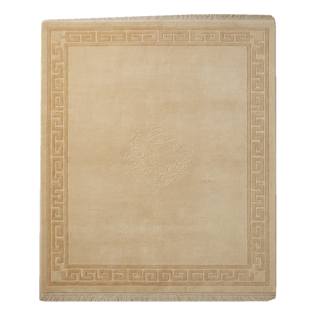 Golden Beige Hand-Knotted Rug with Tonal Greek Key Border