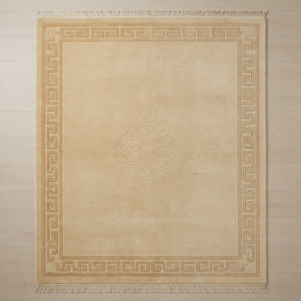 Golden Beige Hand-Knotted Rug with Tonal Greek Key Border - studio photo