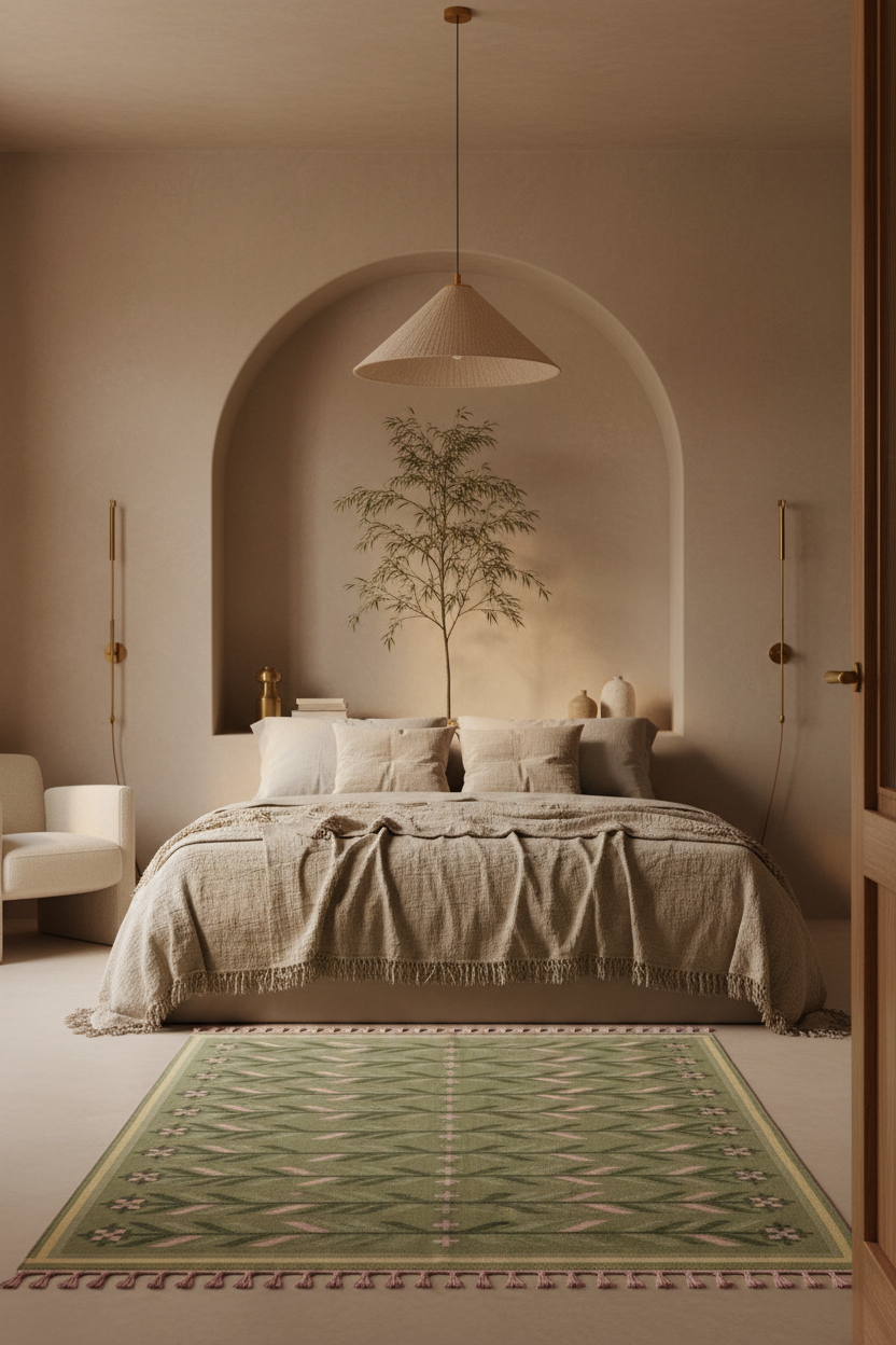 A styled bedroom interior with a bed dressed in neutral beige linens, an arched wall niche behind it, a hanging pendant light, a small tree decor piece, and a green patterned rug in the foreground.