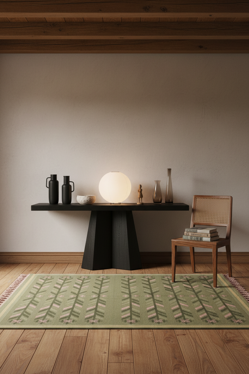 A styled interior scene with a rectangular light green area rug featuring a repeating tree pattern, placed on a wooden floor in front of a black console table and a wooden chair.