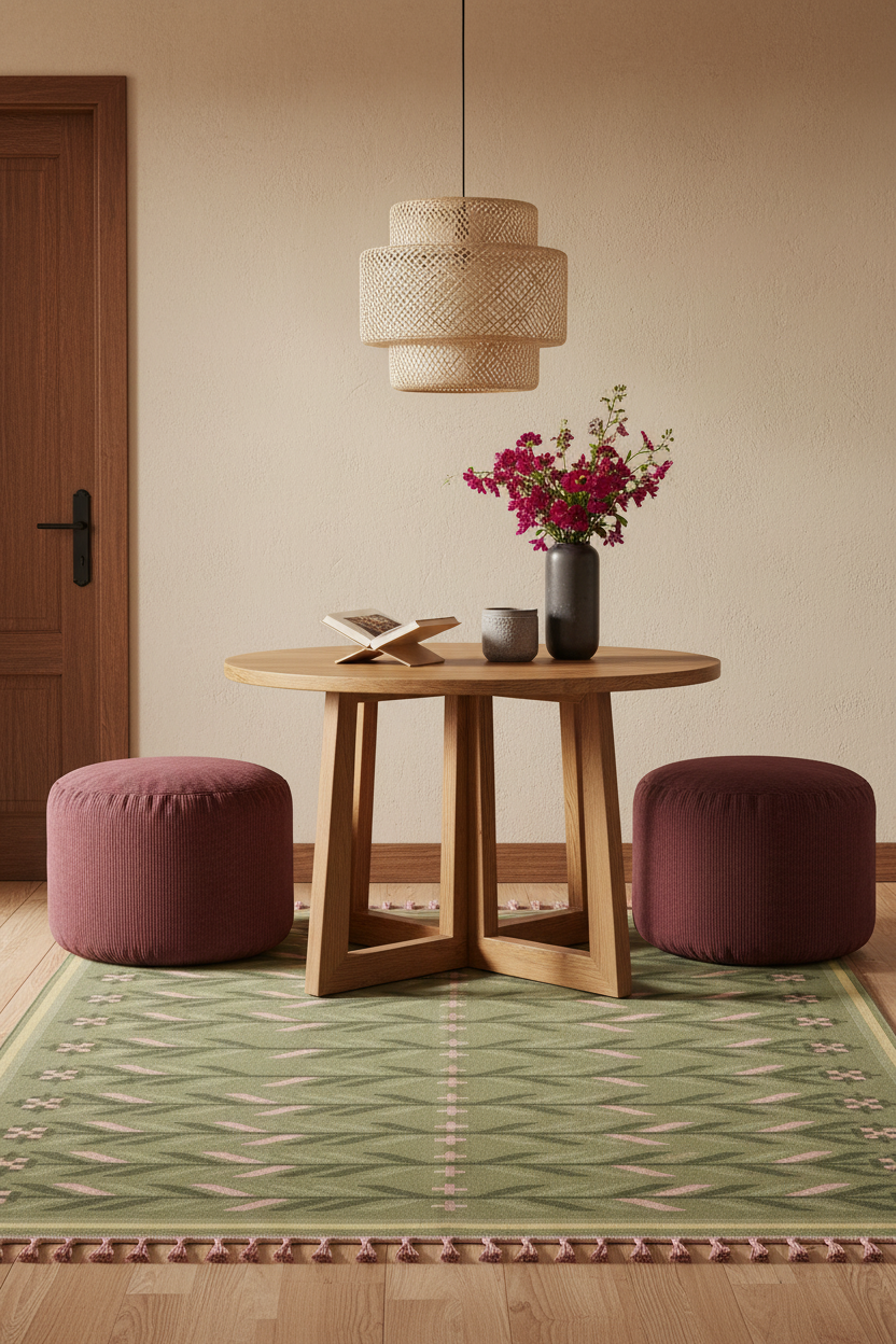 A styled interior scene with a round wooden coffee table, two round burgundy poufs, a green patterned rug, a hanging woven pendant light, and a vase of pink flowers against a beige wall.