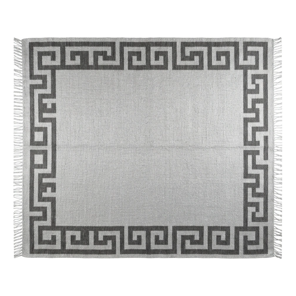 Grey Cotton Flat Weave Rug with Charcoal Greek Key Border - alternate view