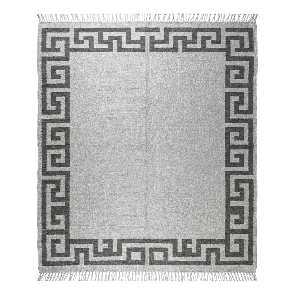 Grey Cotton Flat Weave Rug with Charcoal Greek Key Border