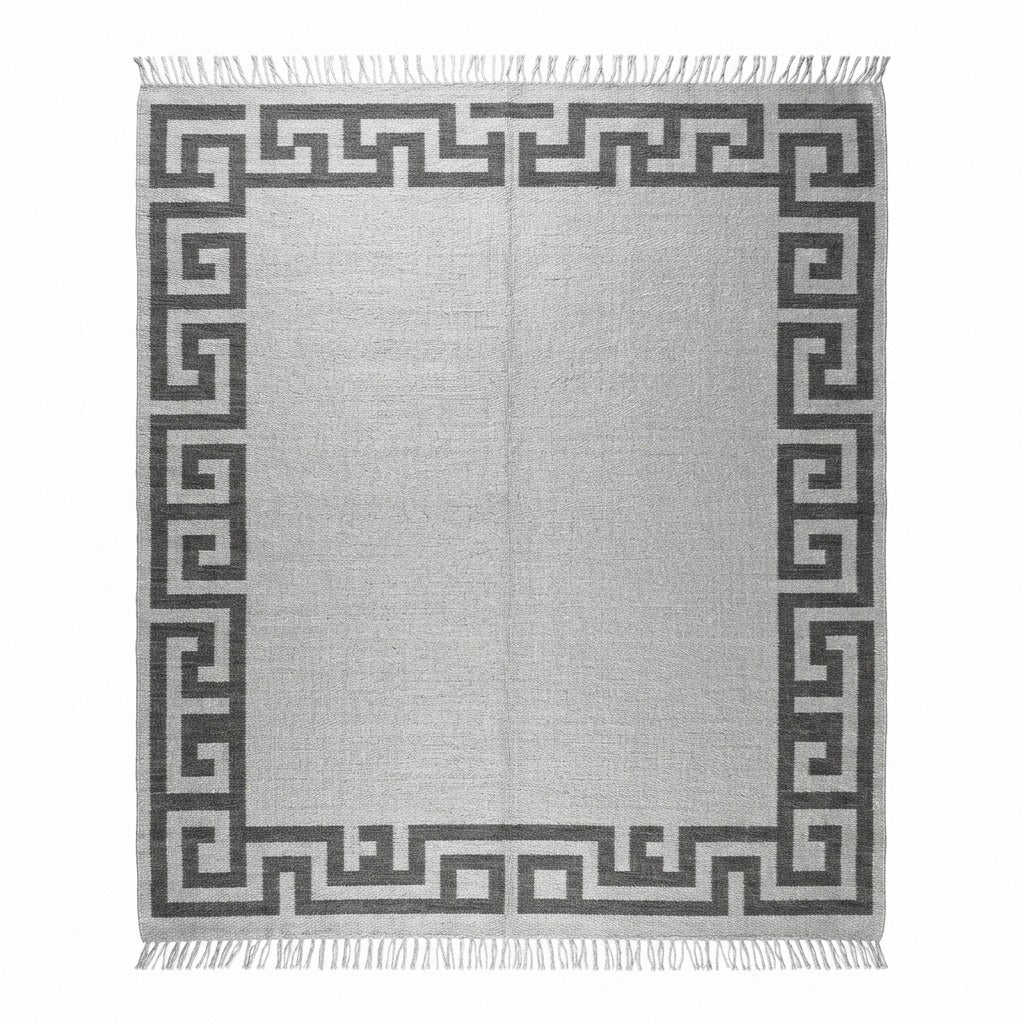 Grey Cotton Flat Weave Rug with Charcoal Greek Key Border - studio photo