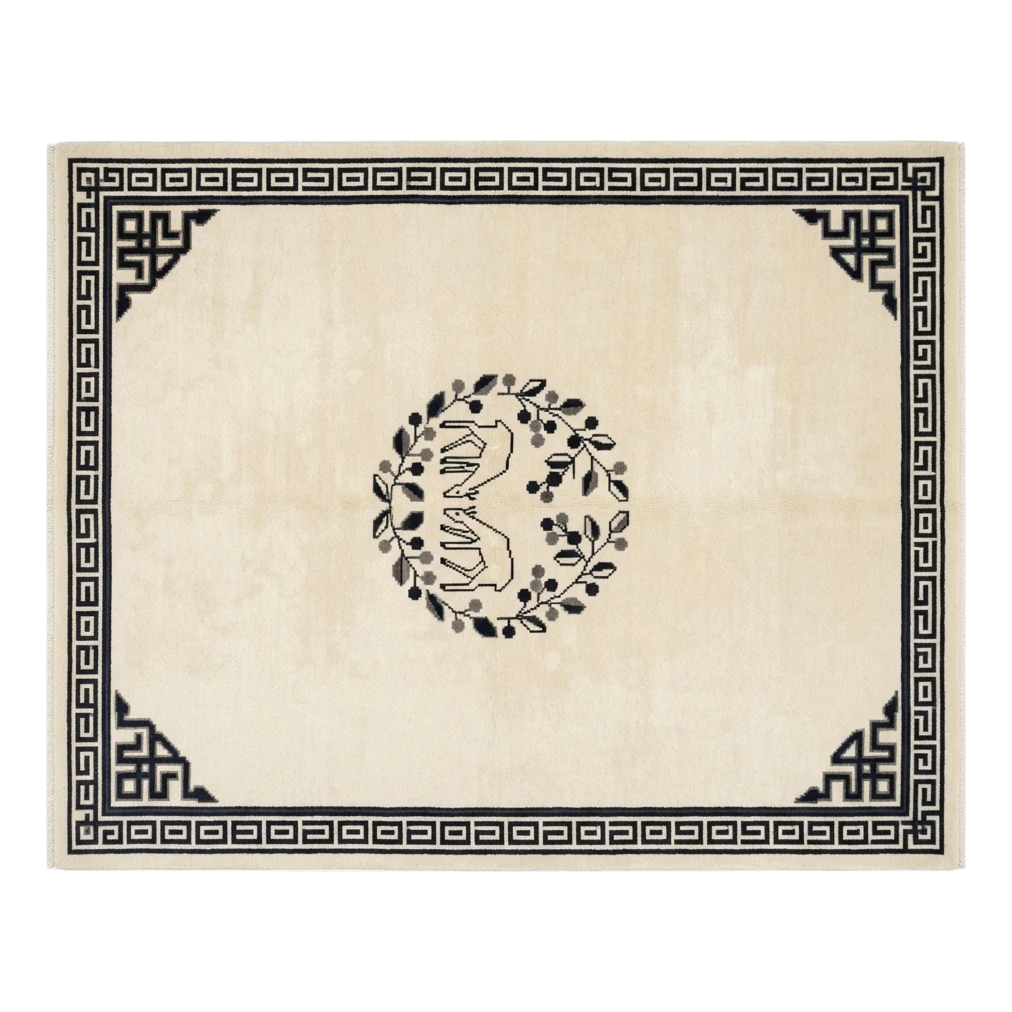 Ivory Chinese Art Deco Hand-Knotted Rug with Black Greek Key Border - alternate view