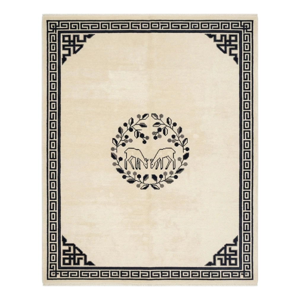 Ivory Chinese Art Deco Hand-Knotted Rug with Black Greek Key Border