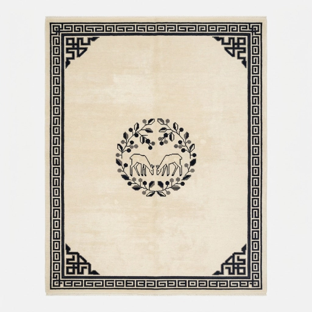 Ivory Chinese Art Deco Hand-Knotted Rug with Black Greek Key Border - studio photo