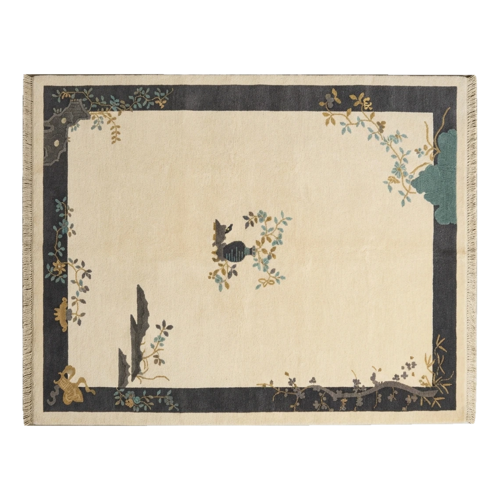 Ivory Chinese Art Deco Hand-Knotted Rug with Charcoal Landscape Border - alternate view