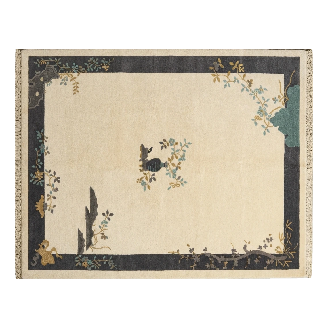 Ivory Chinese Art Deco Hand-Knotted Rug with Charcoal Landscape Border - alternate view